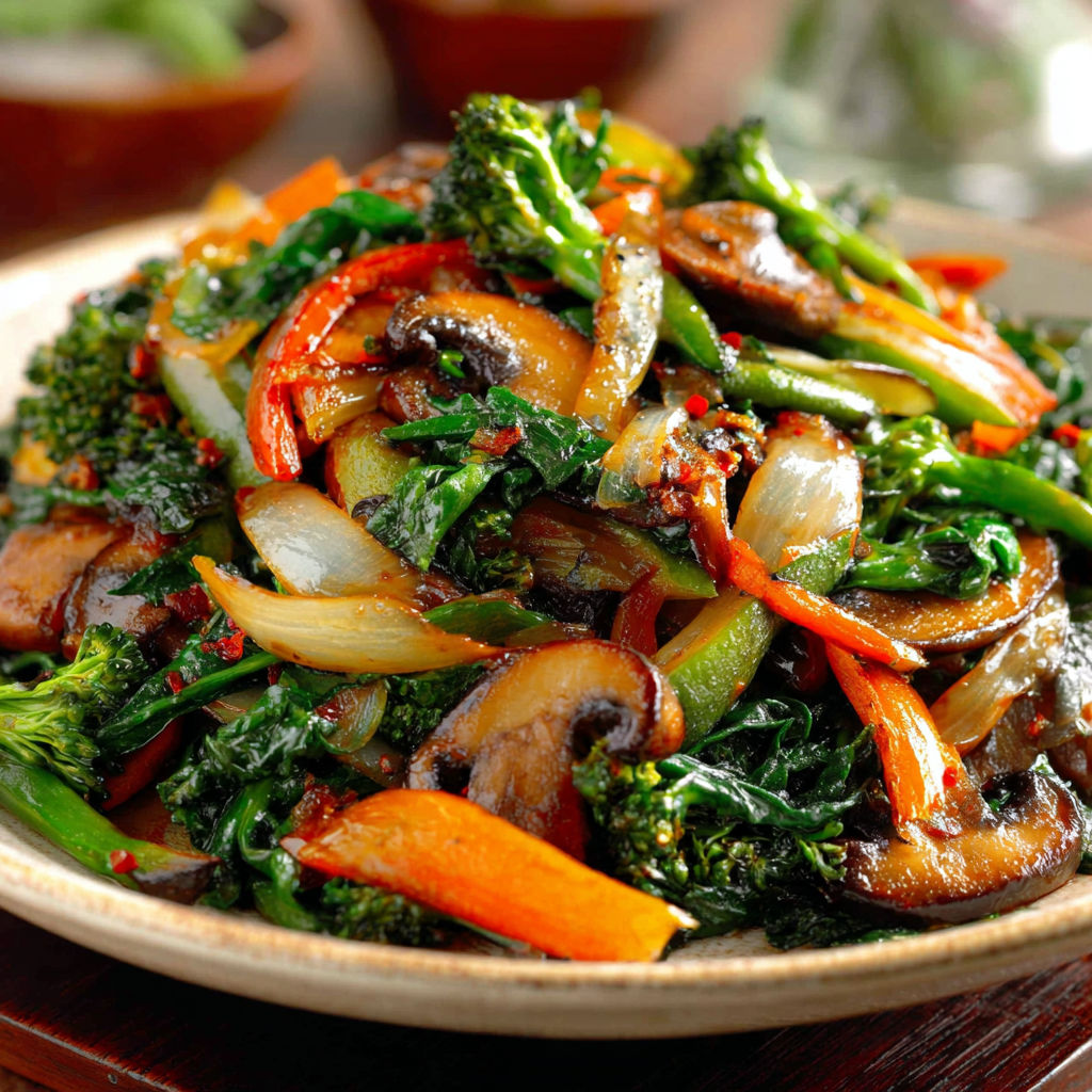 A plate of sautéed vegetables with mushrooms and broccoli.