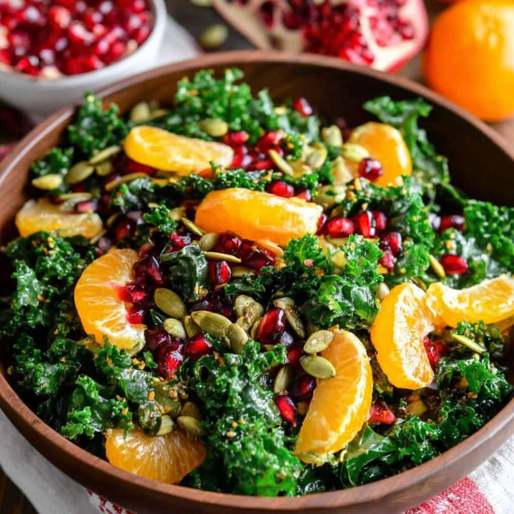 A bowl of salad with kale, pomegranate, and orange slices.