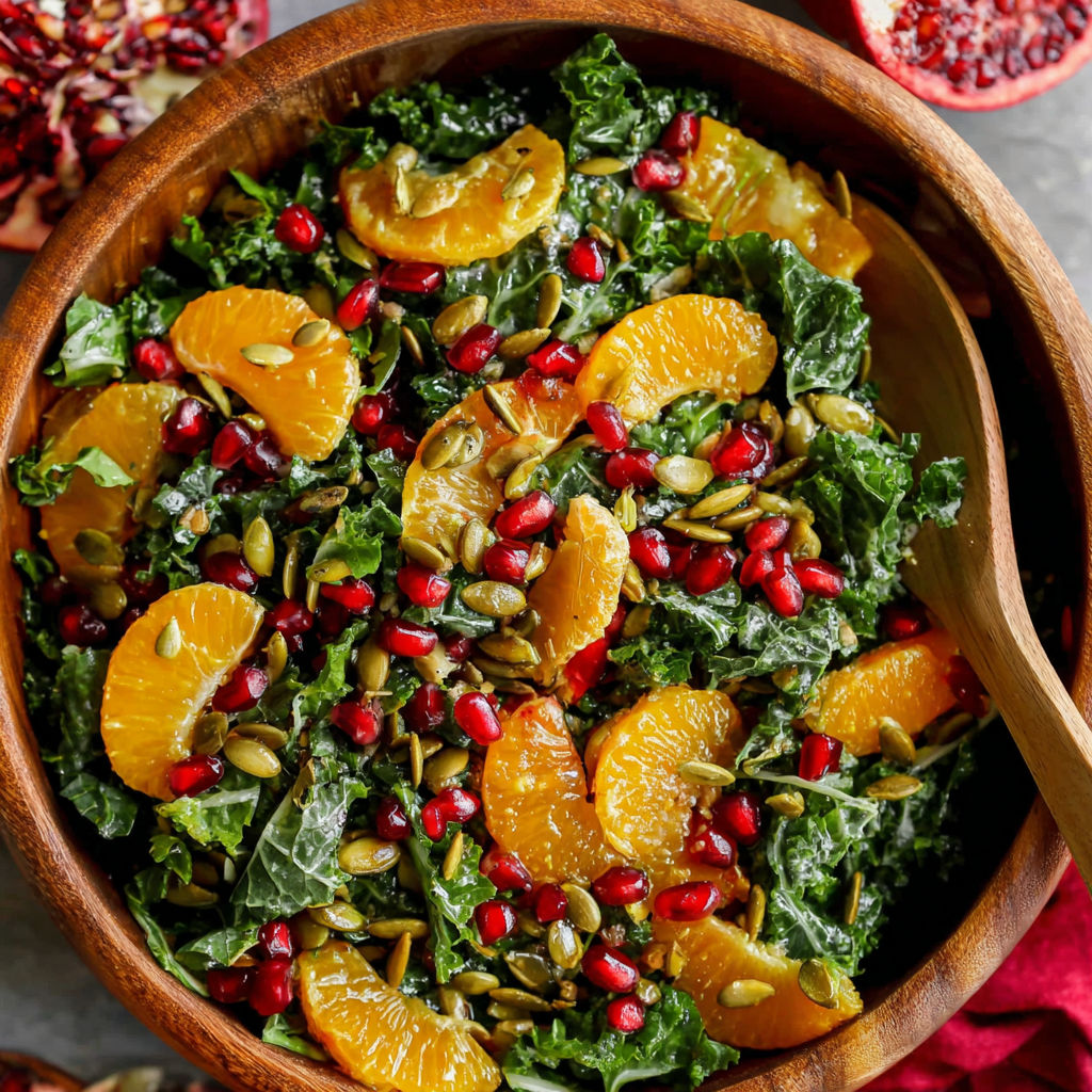 A bowl of salad with kale, pomegranate, and orange slices.