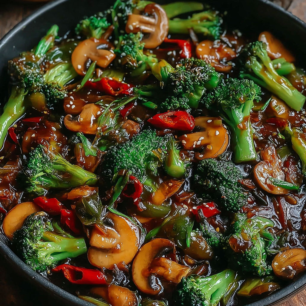 A bowl of broccoli and mushroom stir fry.