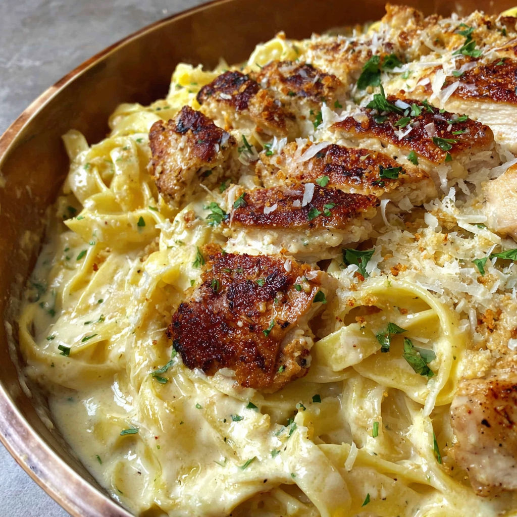 A plate of chicken Alfredo pasta.