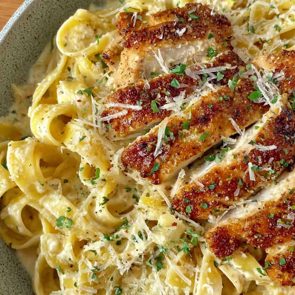 A plate of chicken alfredo pasta.