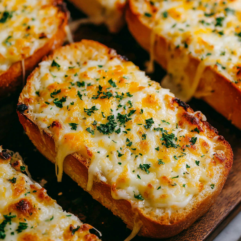 A close up of garlic bread with cheese.