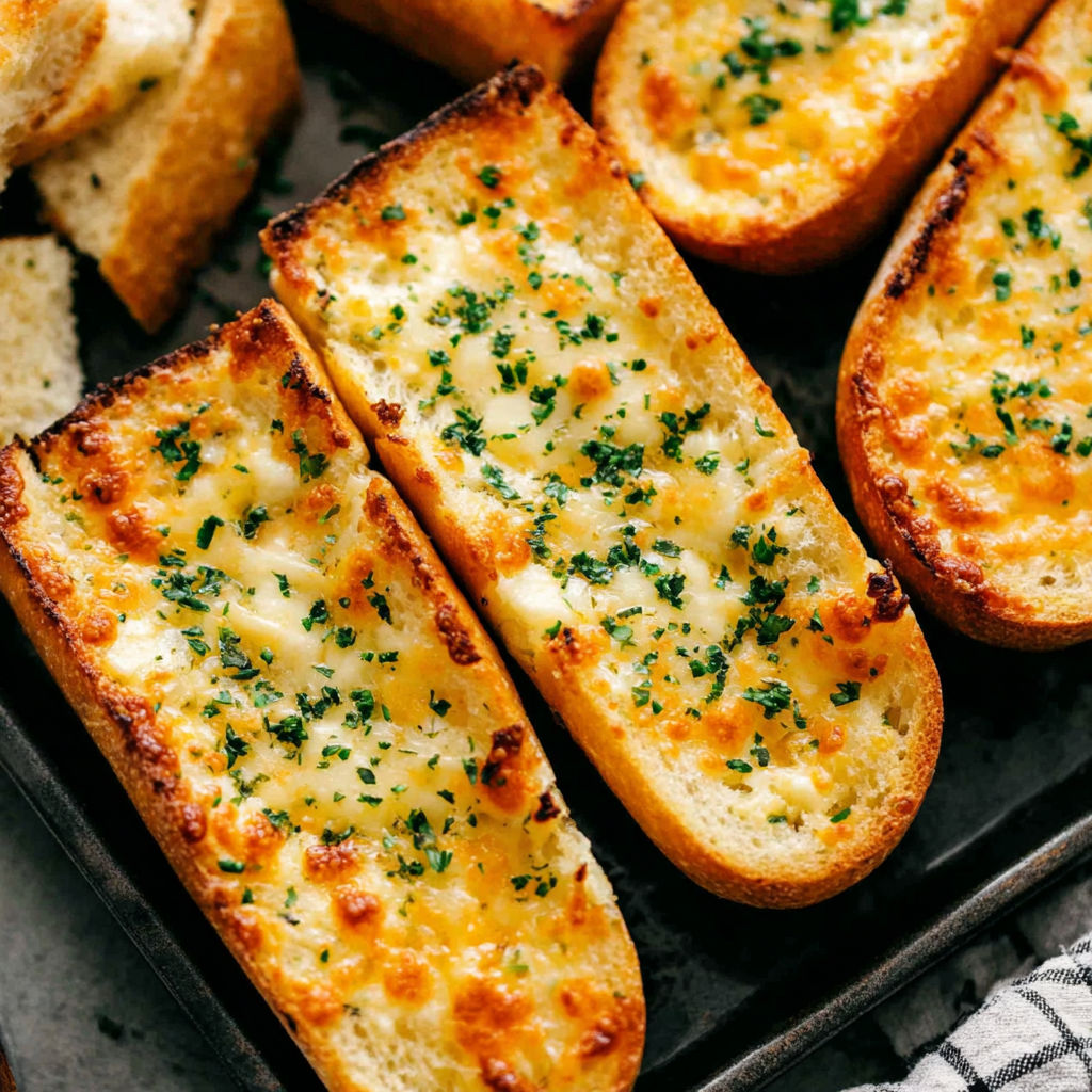 A tray of garlic bread with cheese on it.