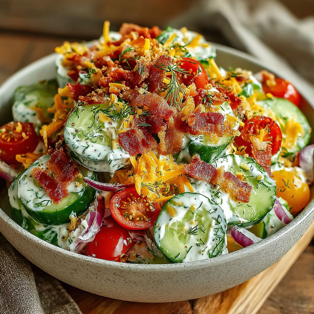 A bowl of cucumber ranch crack salad.