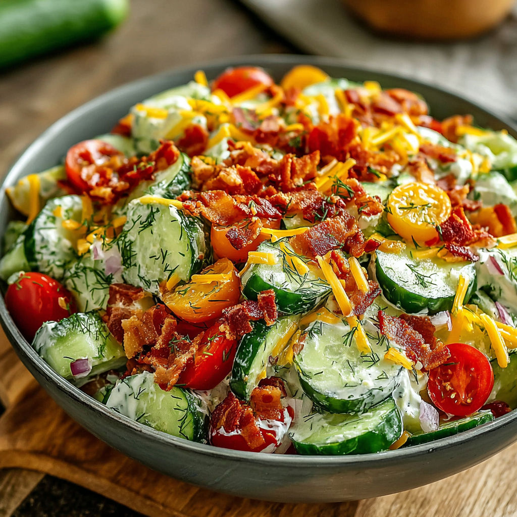 A bowl of cucumber ranch crack salad.