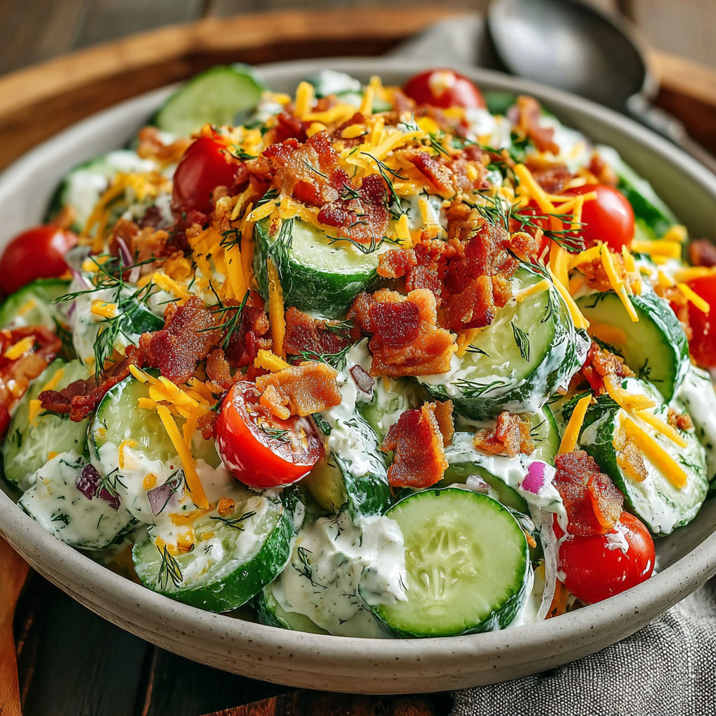 A bowl of cucumber ranch crack salad.