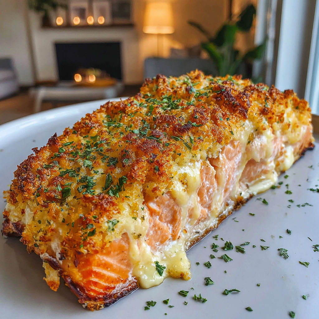 A delicious crispy parmesan crusted baked salmon.