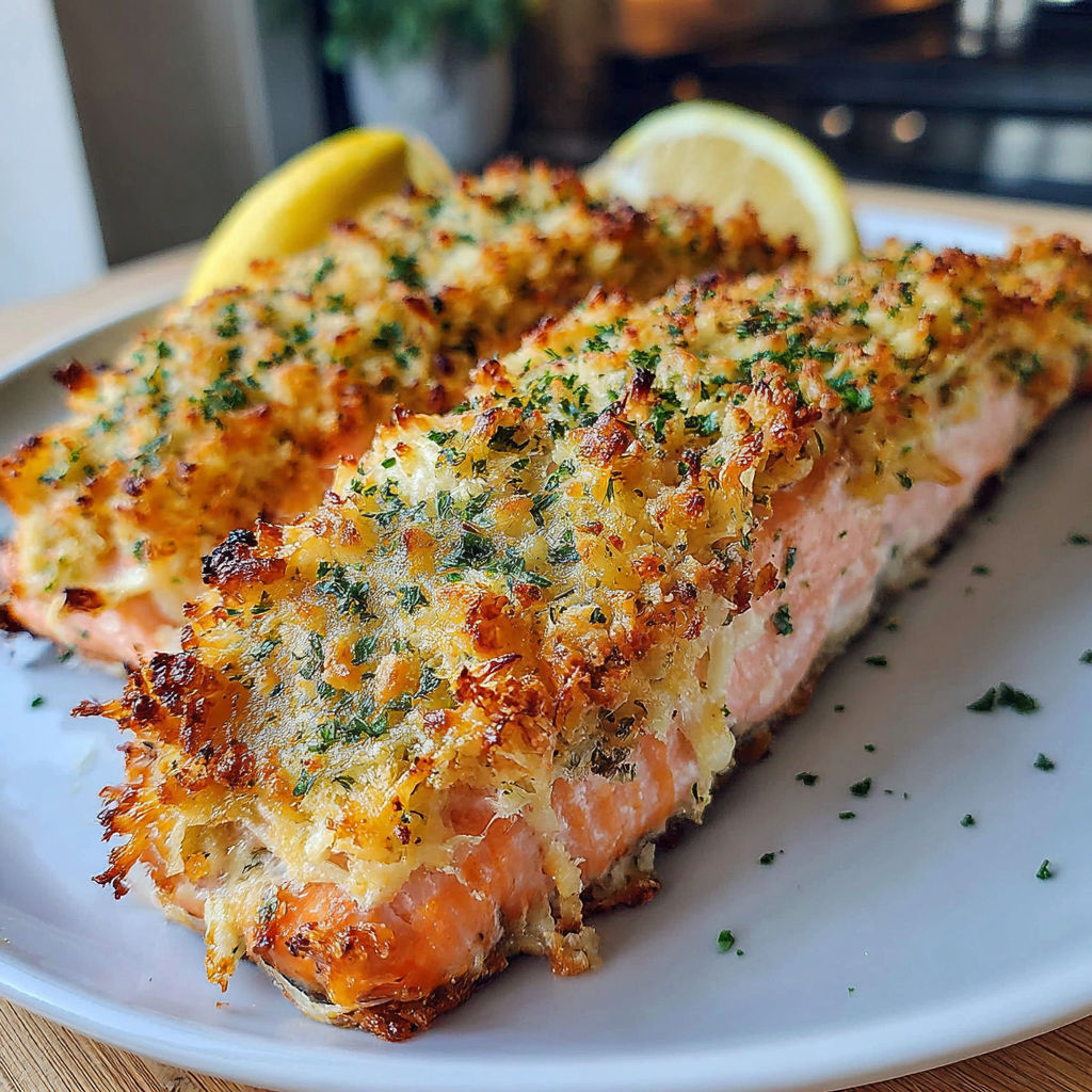 A plate of crispy Parmesan crusted baked salmon.