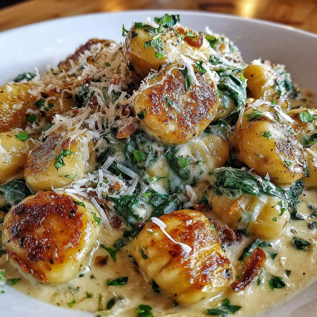 A plate of gnocchi with a creamy sauce.