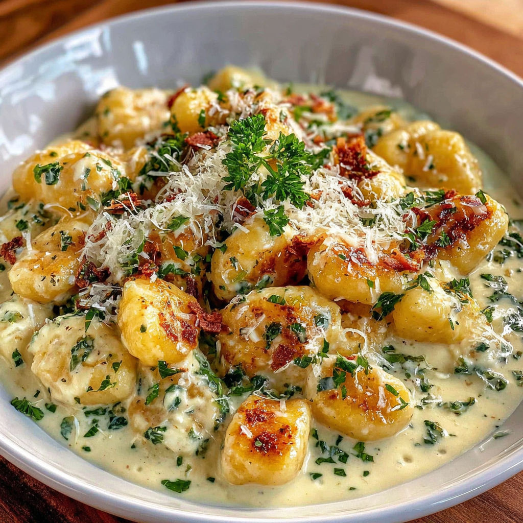 A bowl of gnocchi with a creamy sauce.