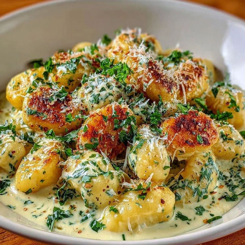 A bowl of gnocchi with a creamy sauce.