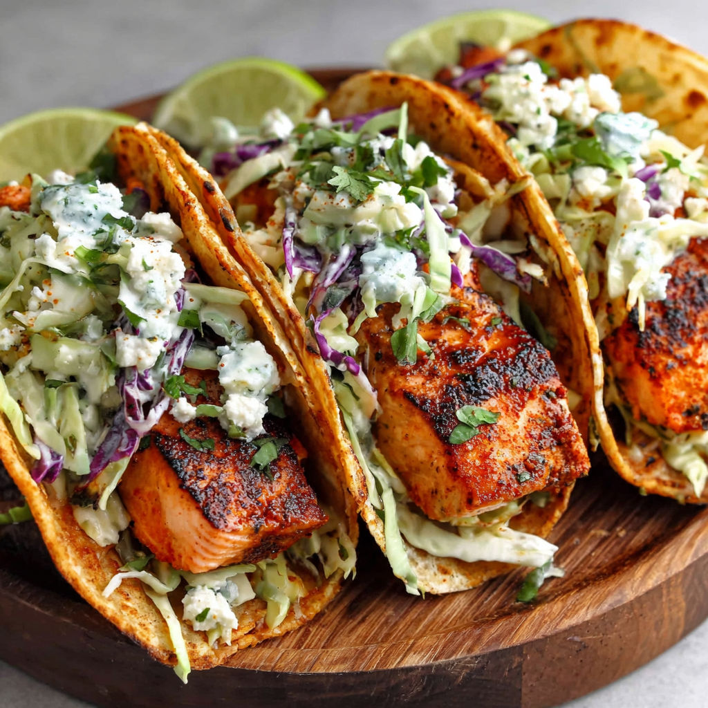 A plate of air fryer salmon tacos with slaw.