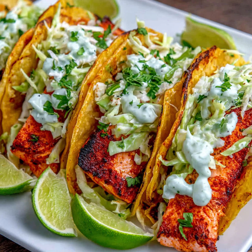 A plate of air fryer salmon tacos with slaw.
