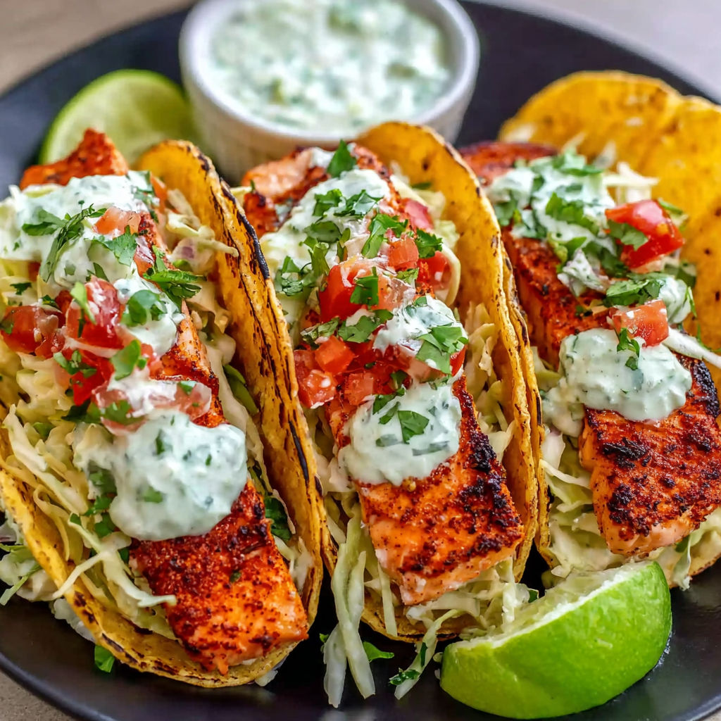 A plate of air fryer salmon tacos with slaw.
