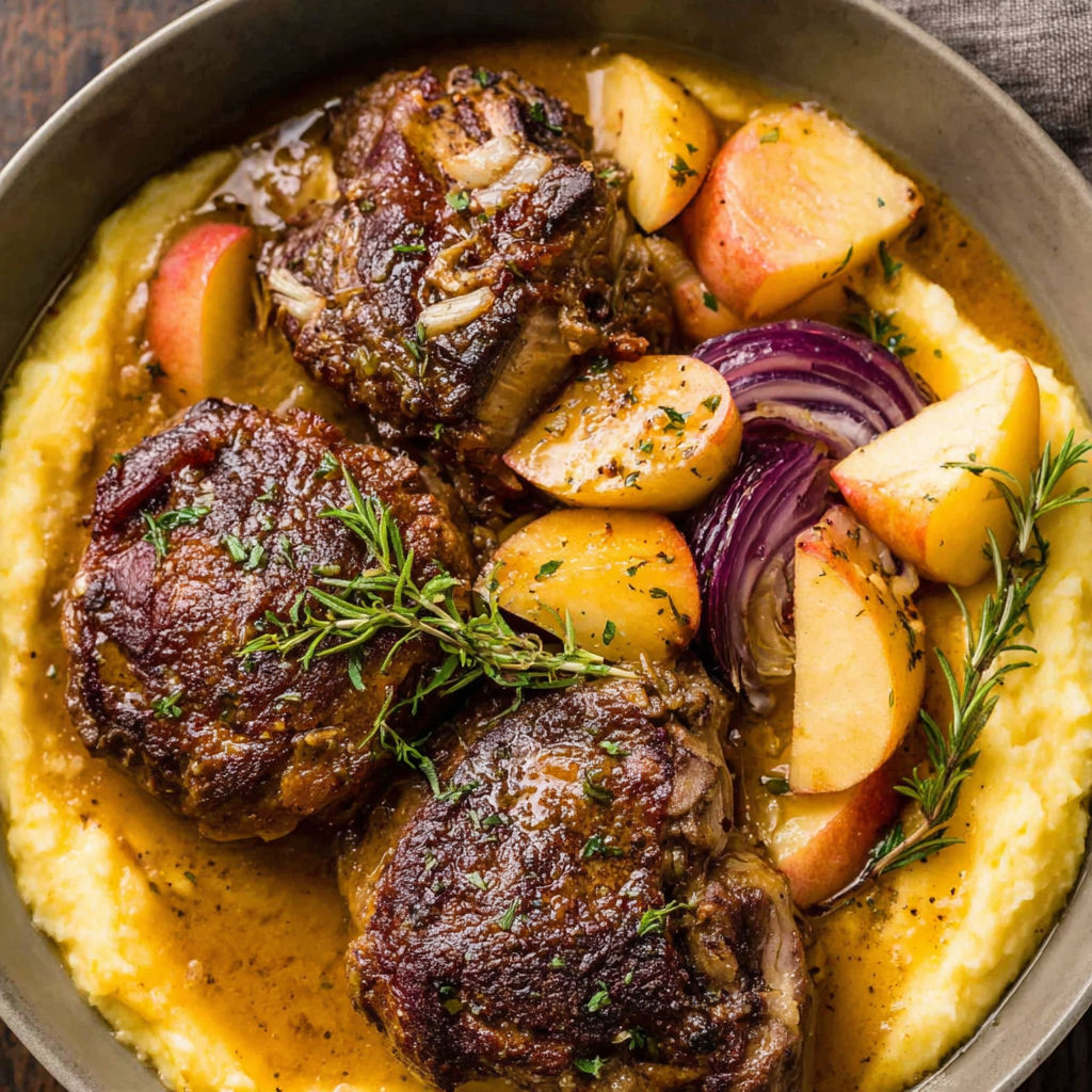 A bowl of braised pork shoulder with apples and onions.