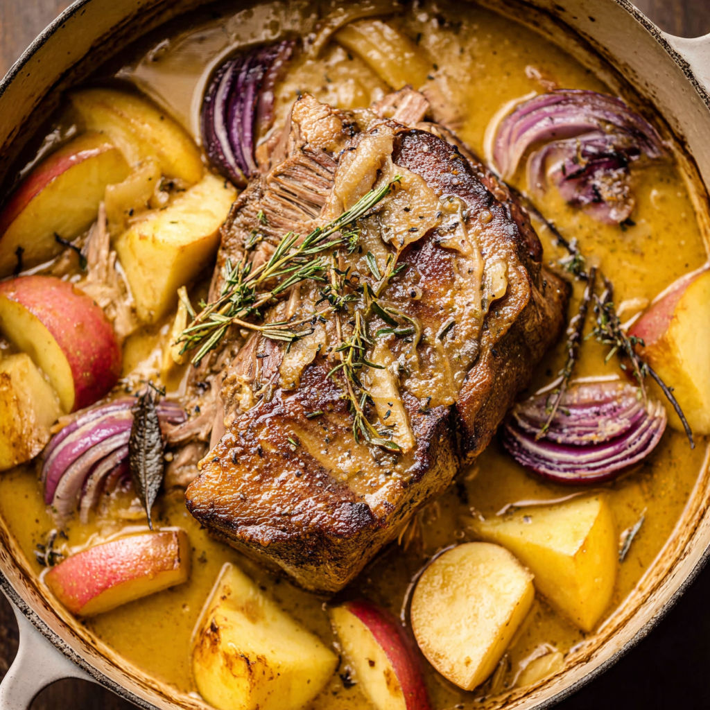 A pot of food with a pork shoulder and onions.