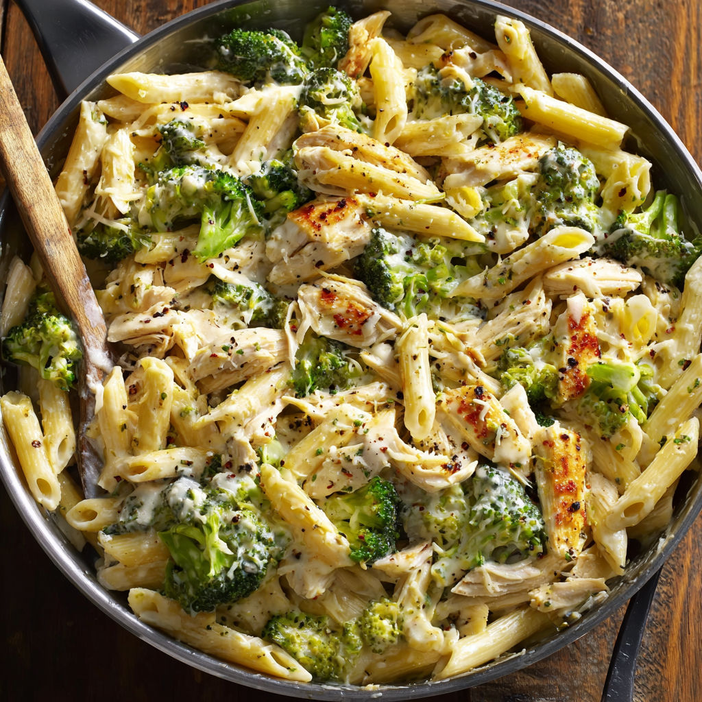 A bowl of creamy rotisserie chicken, broccoli, and pasta.