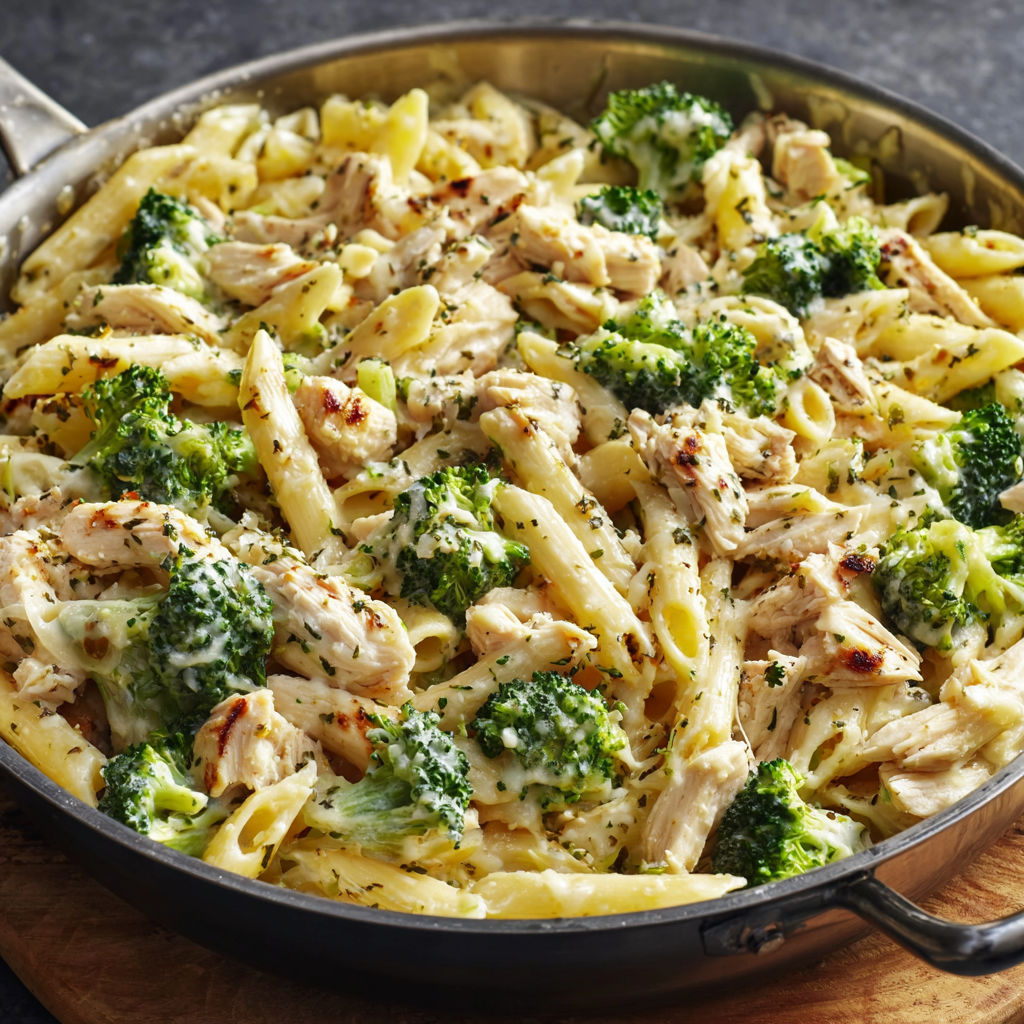 A pan of creamy rotisserie chicken, broccoli, and pasta.