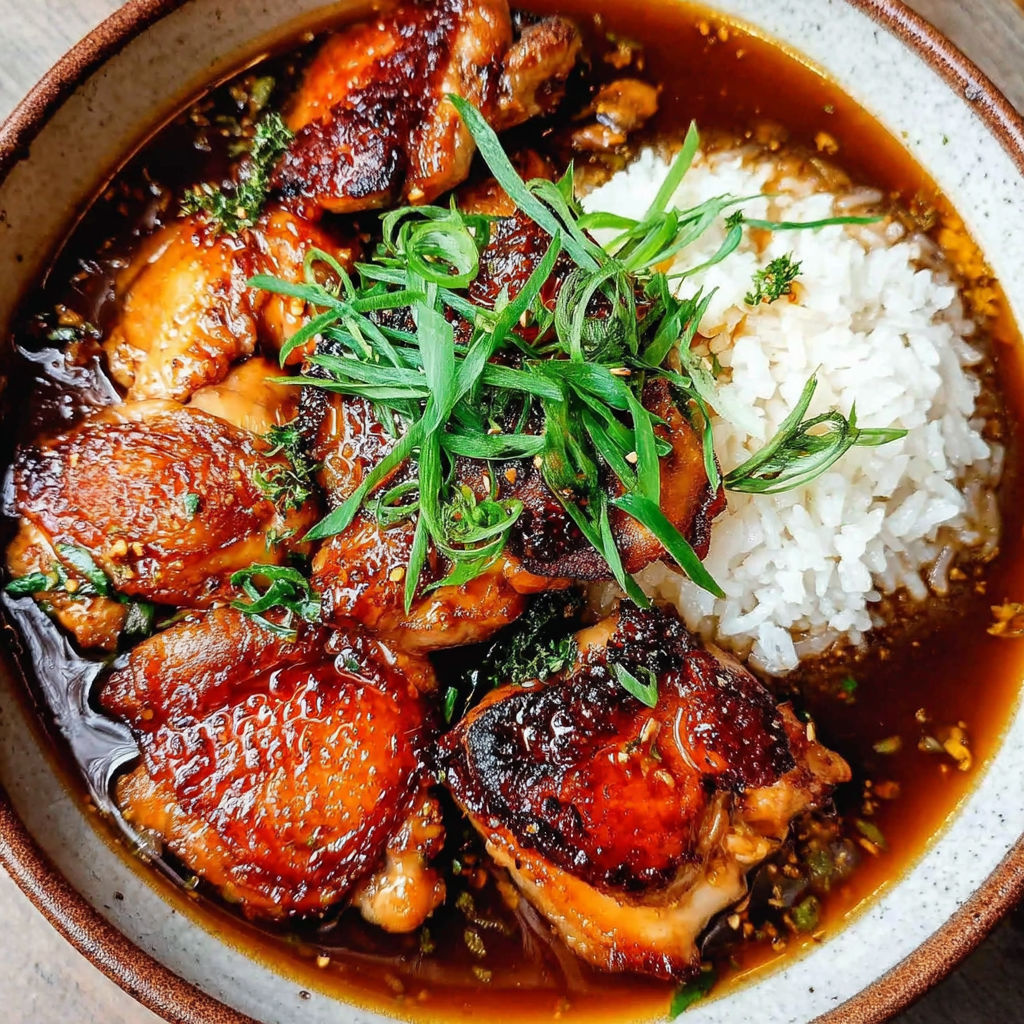 A bowl of food with rice and meat.
