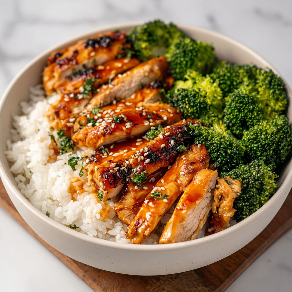 A bowl of rice and chicken with broccoli on top.