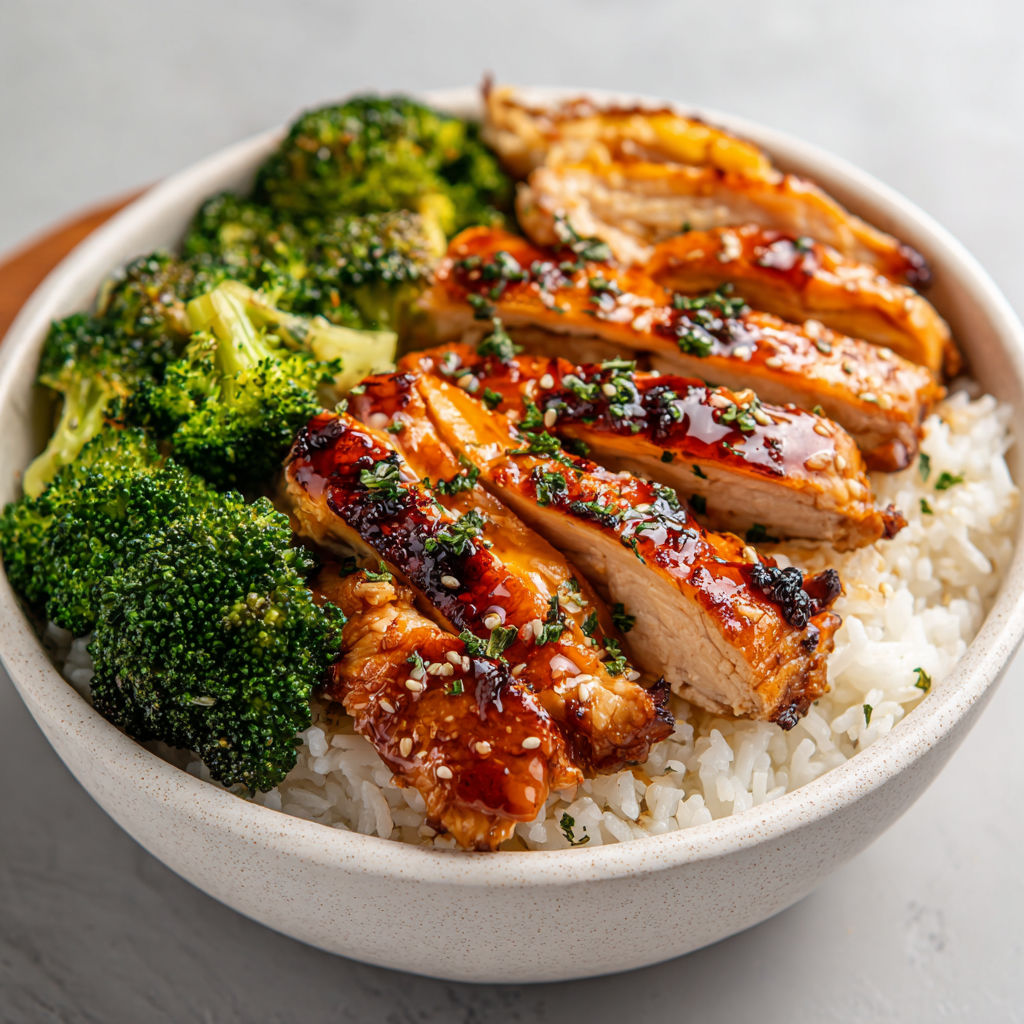 A bowl of rice and chicken with broccoli.