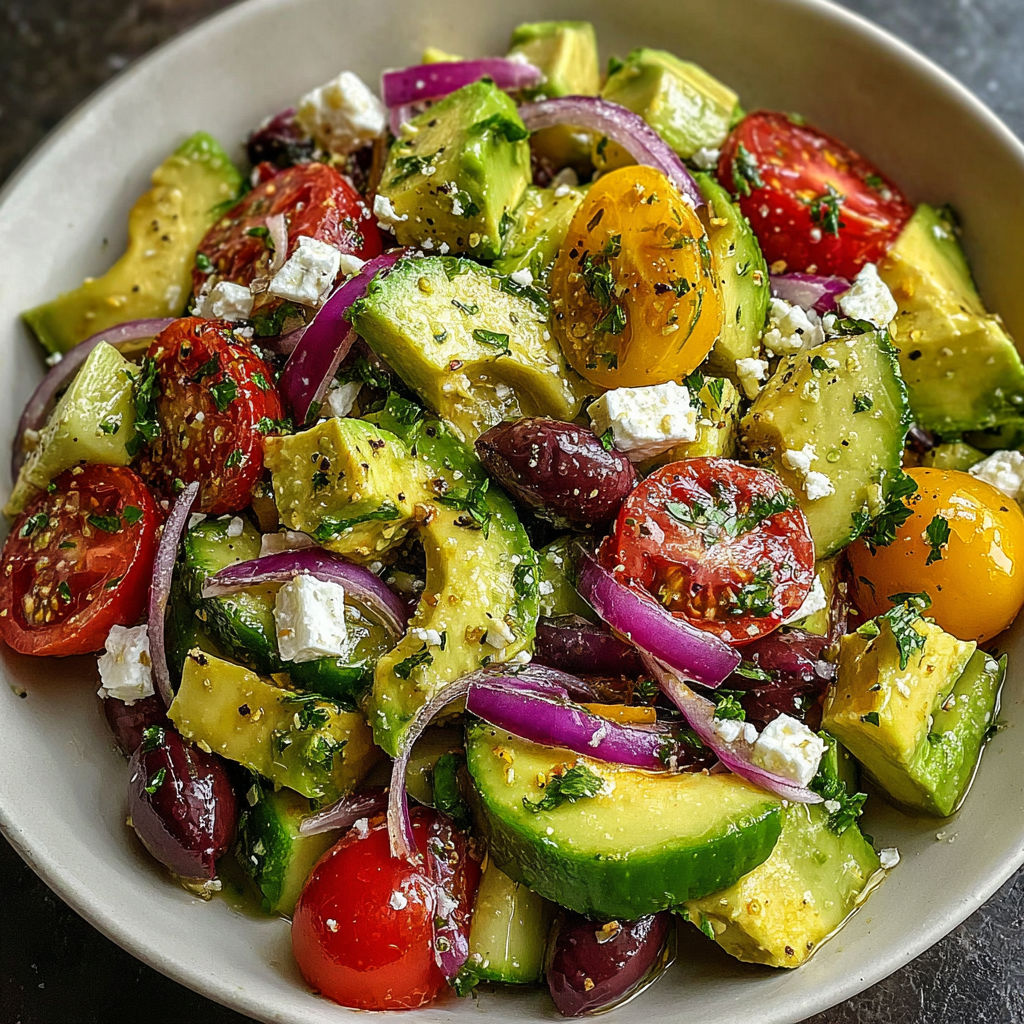 A bowl of zesty Mediterranean avocado salad.
