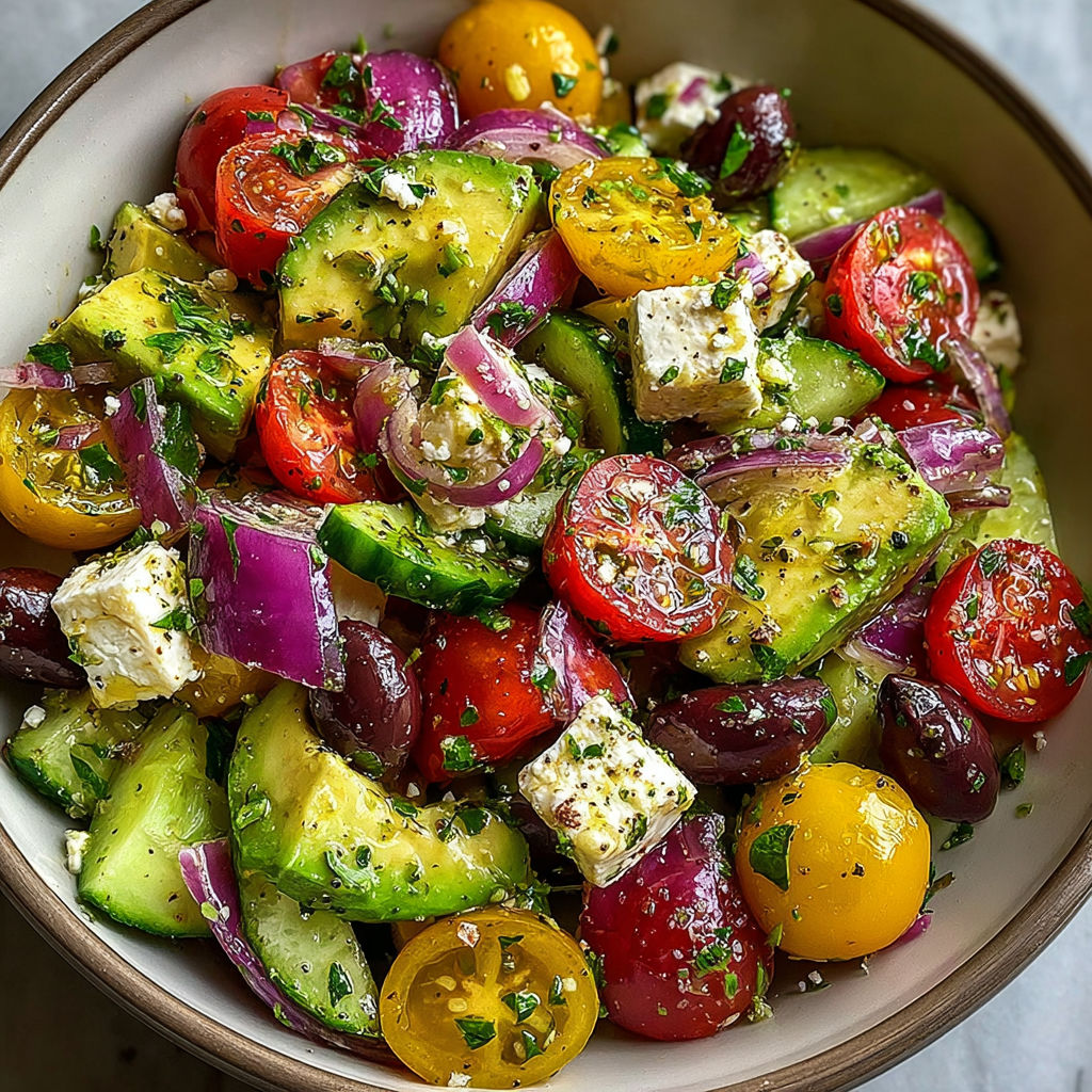 A bowl of zesty Mediterranean avocado salad.