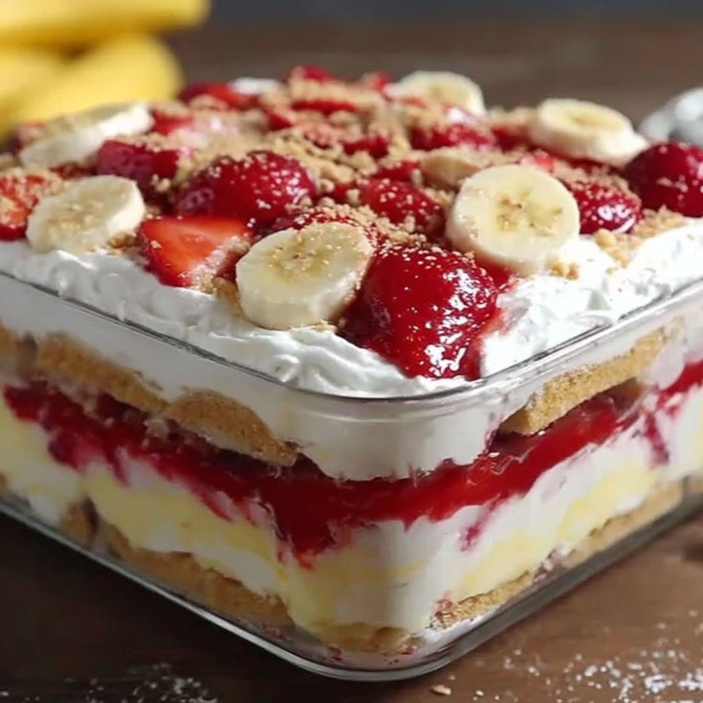 A dessert with bananas, strawberries, and whipped cream.