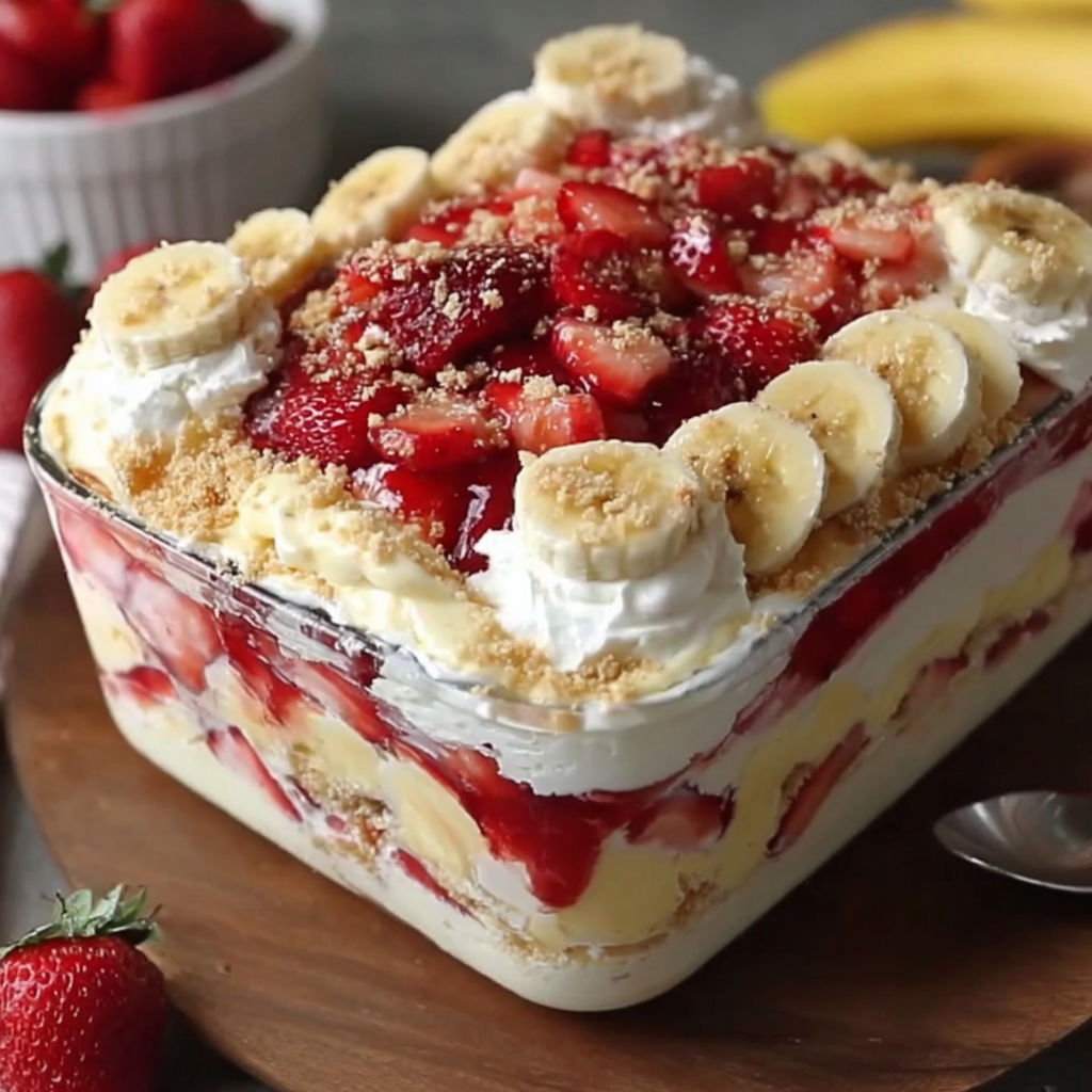 A dessert with bananas, strawberries, and whipped cream.