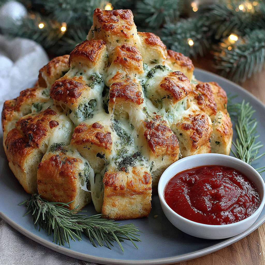 A plate with a cheesy bread tree and a bowl of marinara sauce.