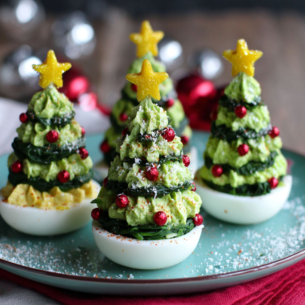 Three deviled egg Christmas trees.