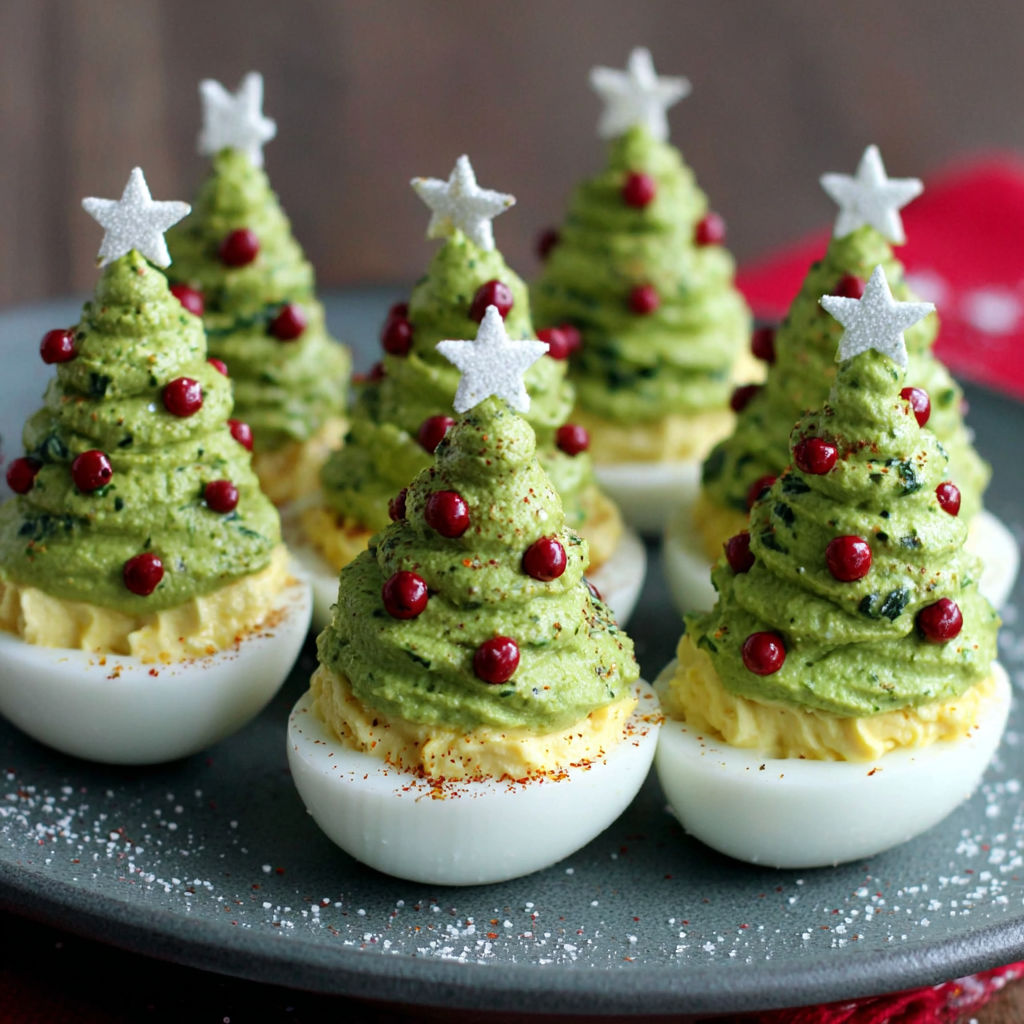 A plate of deviled eggs decorated to look like Christmas trees.