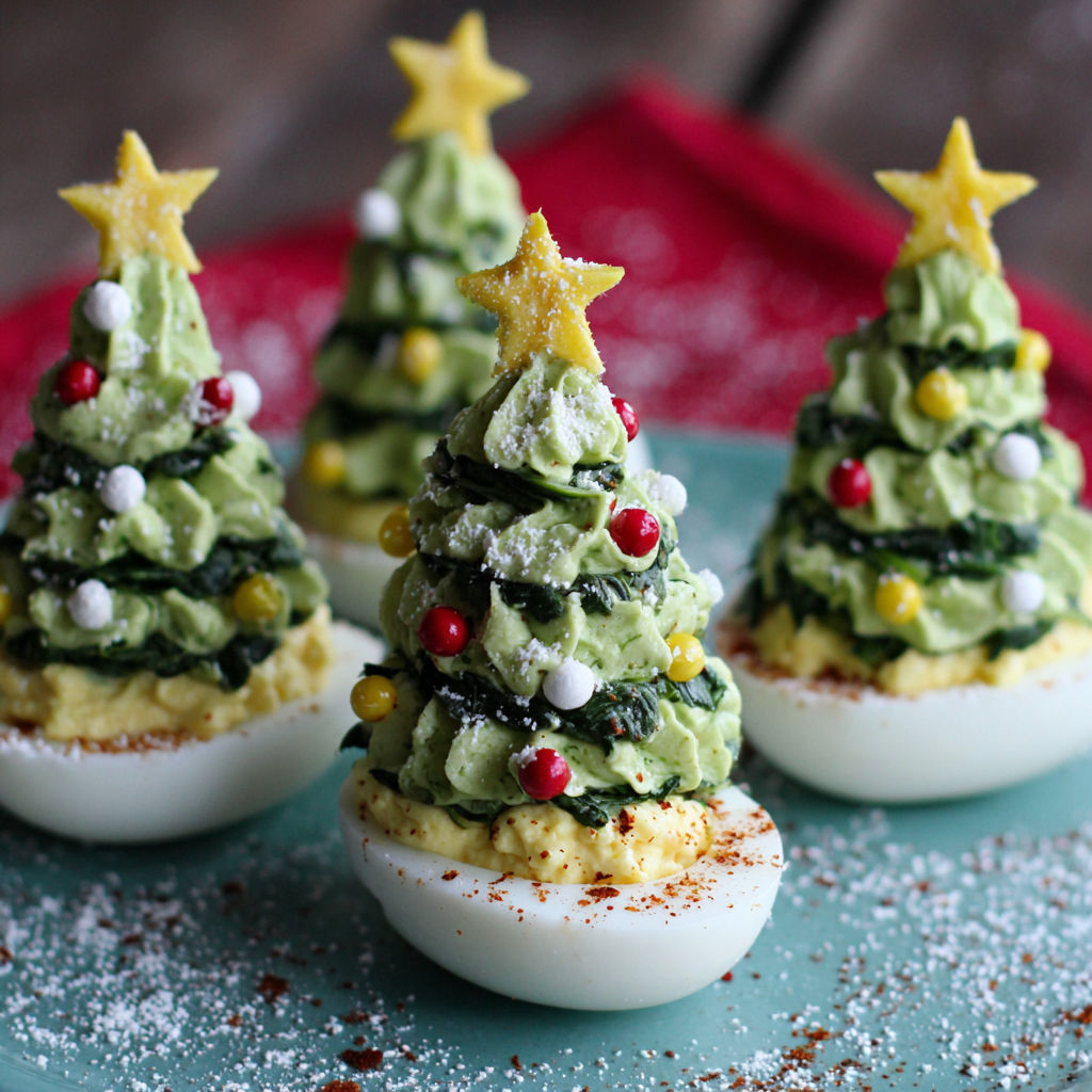 Three deviled egg Christmas trees.