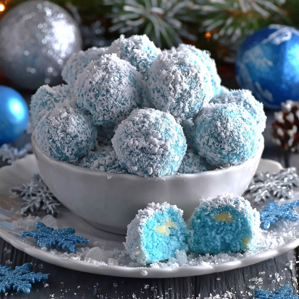 A bowl of blue Christmas truffles.