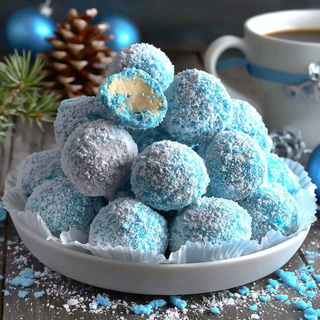 A plate of blue Christmas truffles.