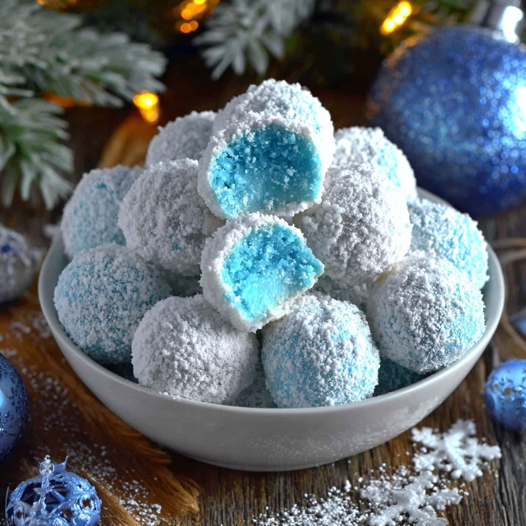 A bowl of blue christmas truffles.