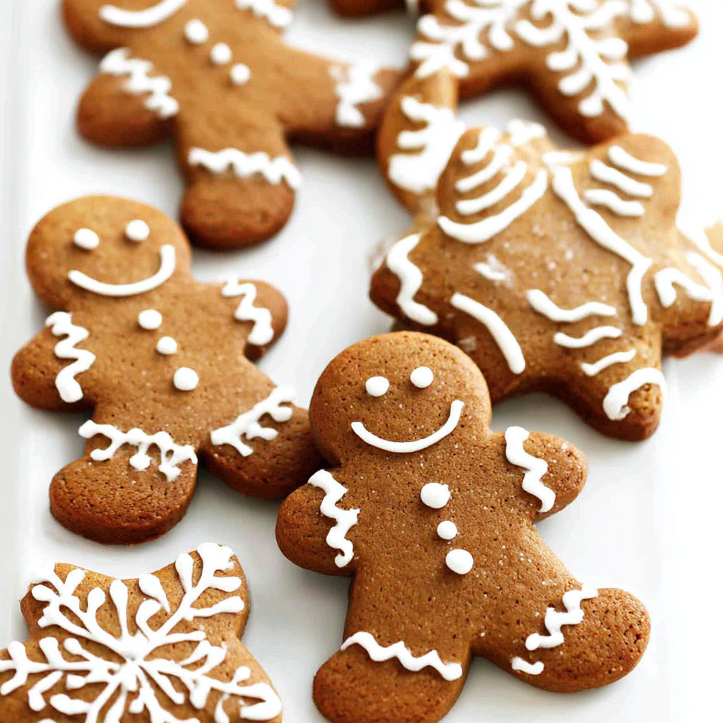 Gingerbread cookies with white icing and smiley faces.