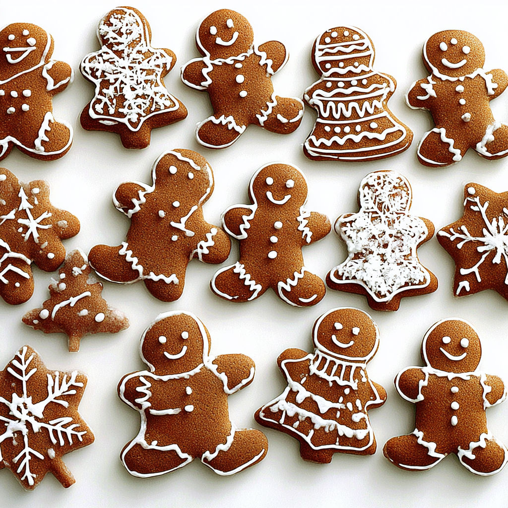 A collection of gingerbread cookies with various designs.