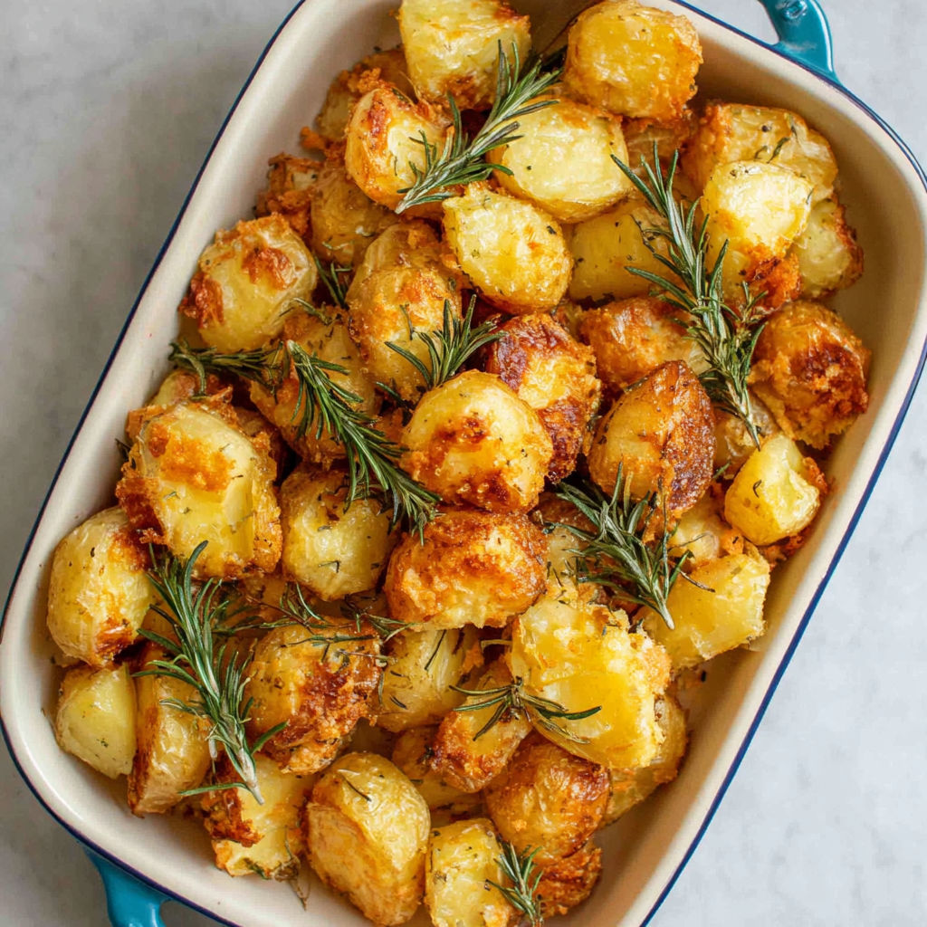 A dish of roasted potatoes with rosemary.