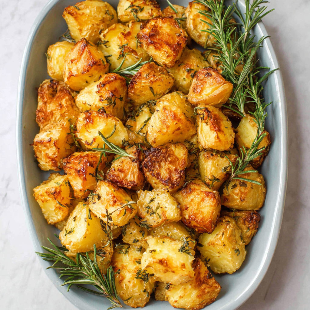 A bowl of roasted potatoes with rosemary.