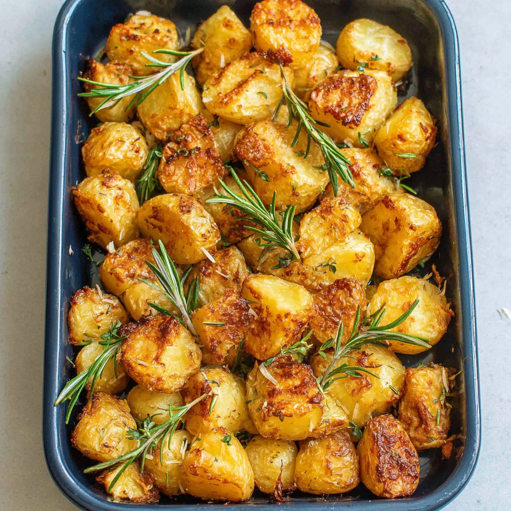 A dish of roasted potatoes with rosemary.