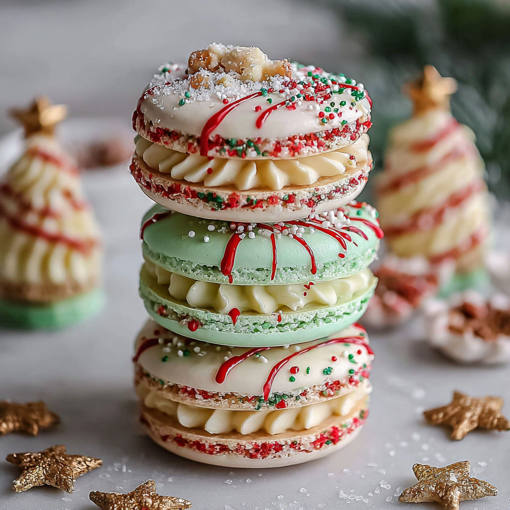 A stack of colorful pastries with white frosting and red and green sprinkles.