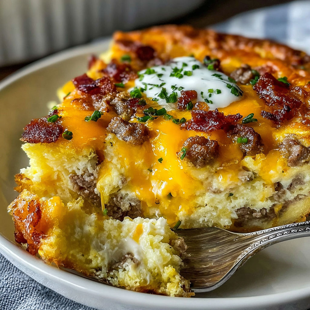 A slice of a breakfast casserole with bacon and cheese.