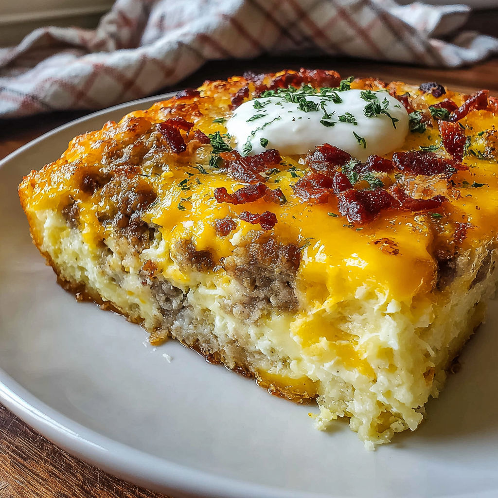 A slice of a breakfast casserole with bacon and cheese.