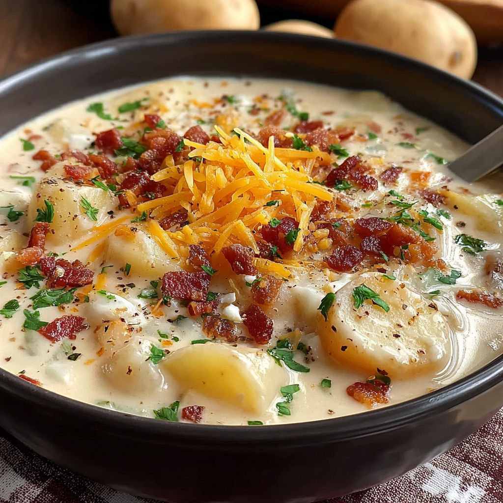 A bowl of soup with bacon and cheese on top.