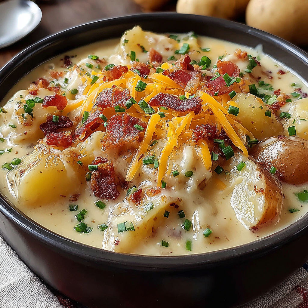 A bowl of soup with bacon and potatoes.
