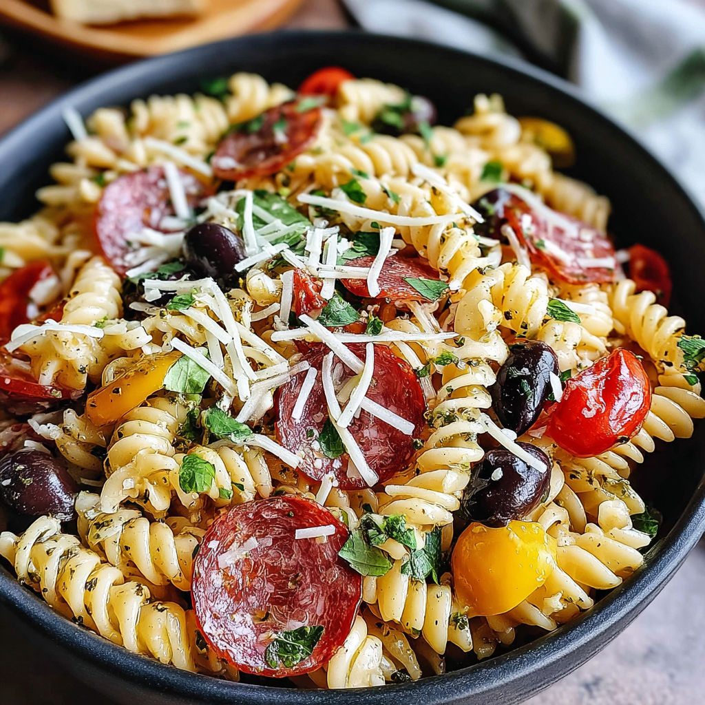 A bowl of pasta salad with tomatoes, olives, and peppers.