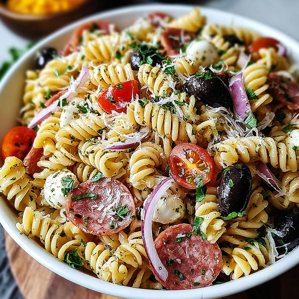 A bowl of zesty Italian pasta salad.