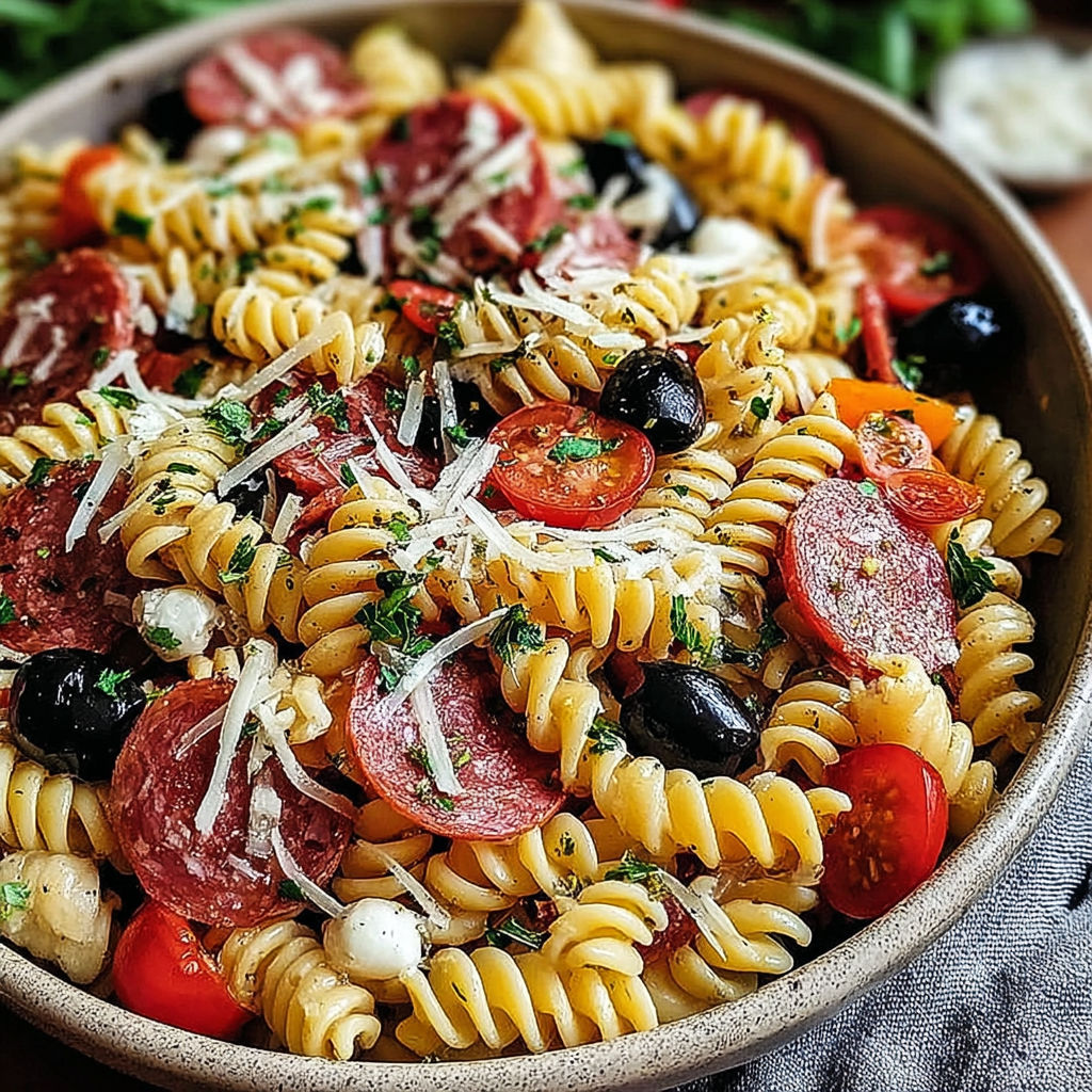 A bowl of pasta salad with tomatoes, olives, and meat.
